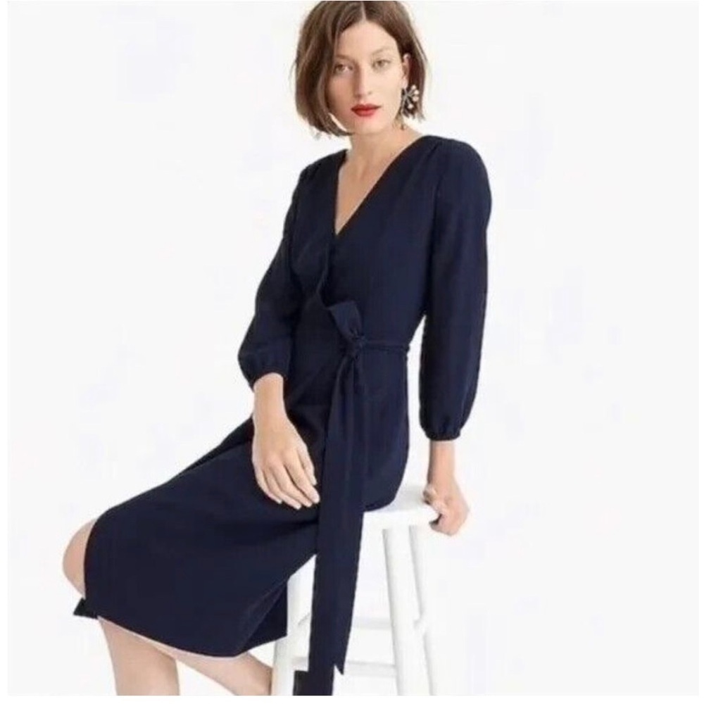 J. Crew Blue Sheath Dress with V-Neck and Bishop Sleeves